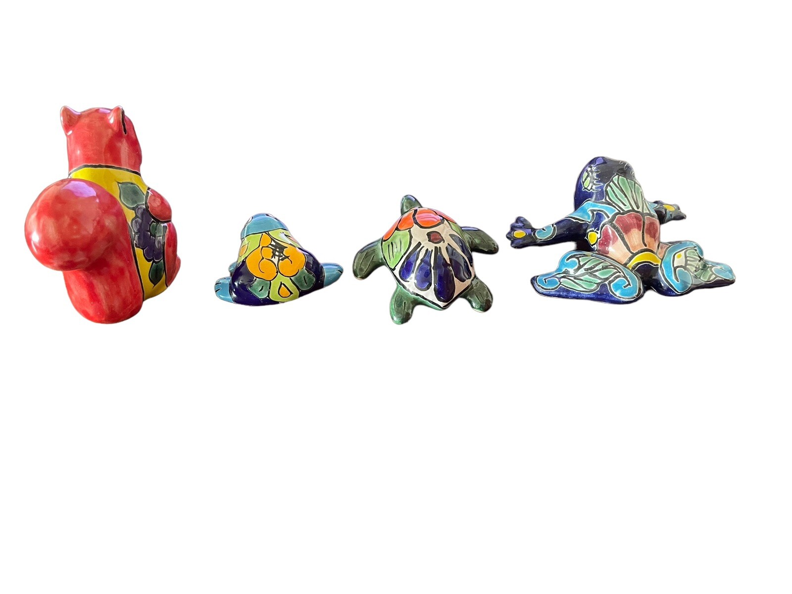 Mexico Talavera 4 Figurines Squirrel Turtle Frogs Bright Colors Blues Reds Green