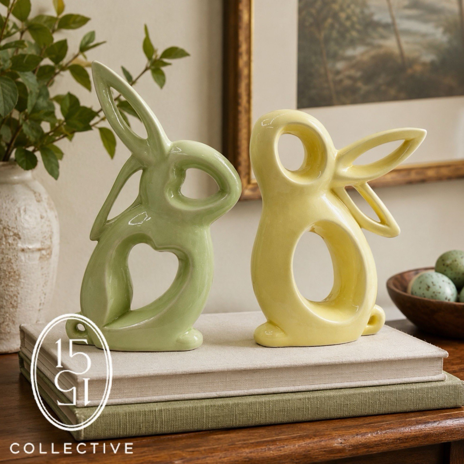 Abstract Green & Yellow Openwork Ceramic Bunny Rabbit Sculpture Set Modern Decor