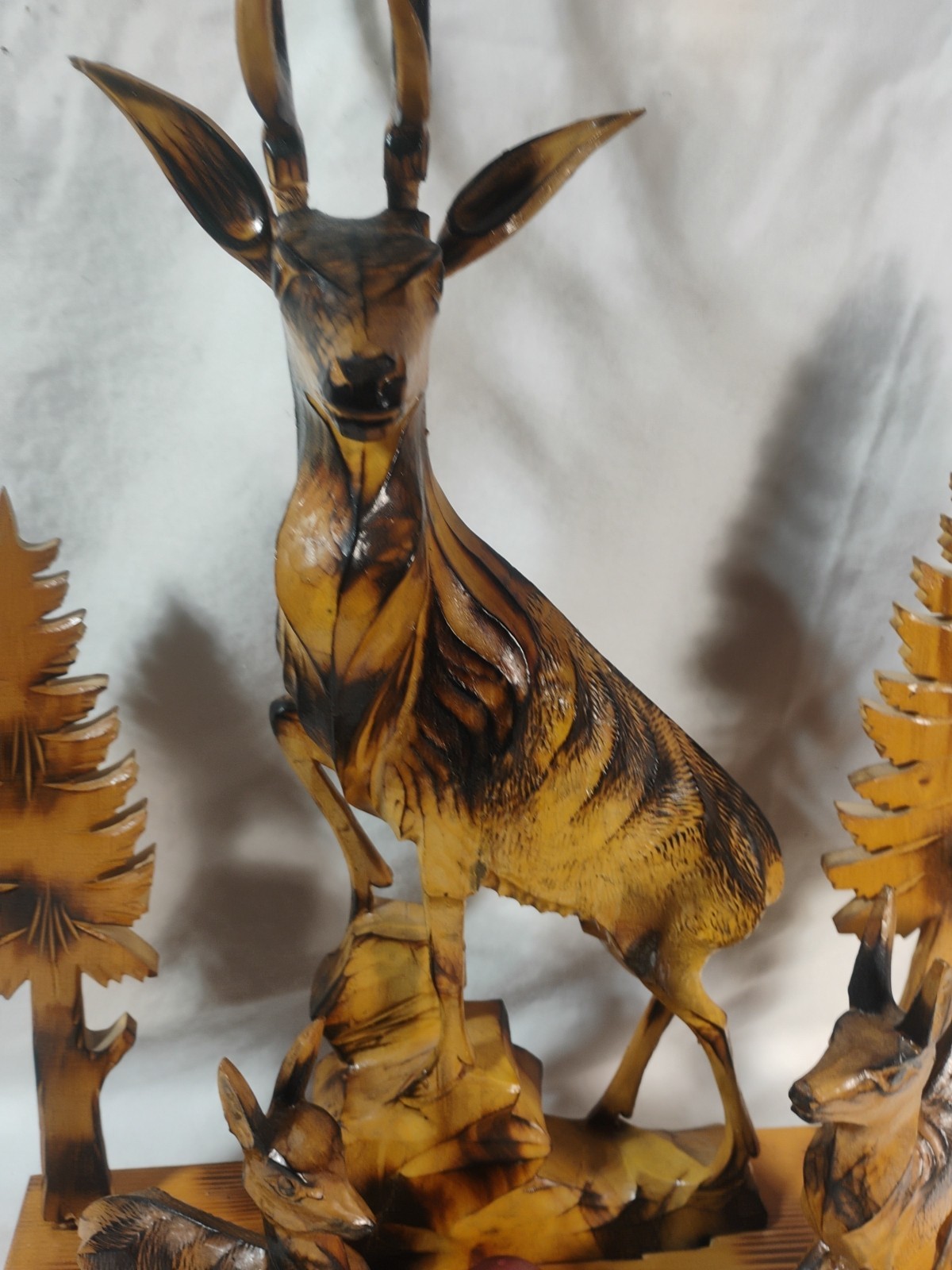 Vintage Hand Carved Wood Deer Buck Forest Scene Folk Art Marked Home Decor