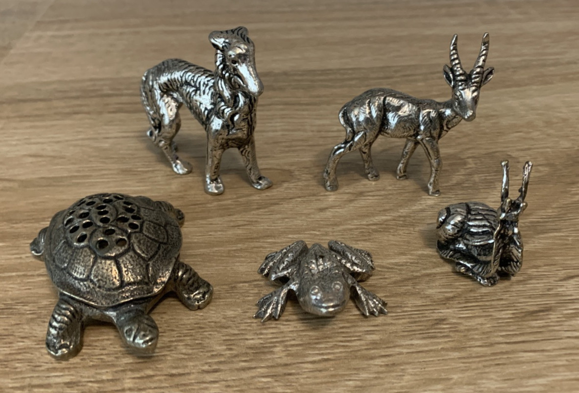 Lot of 5 Metal Animal Figurines Silver Tone Turtle Frog Snail Dog Antelope