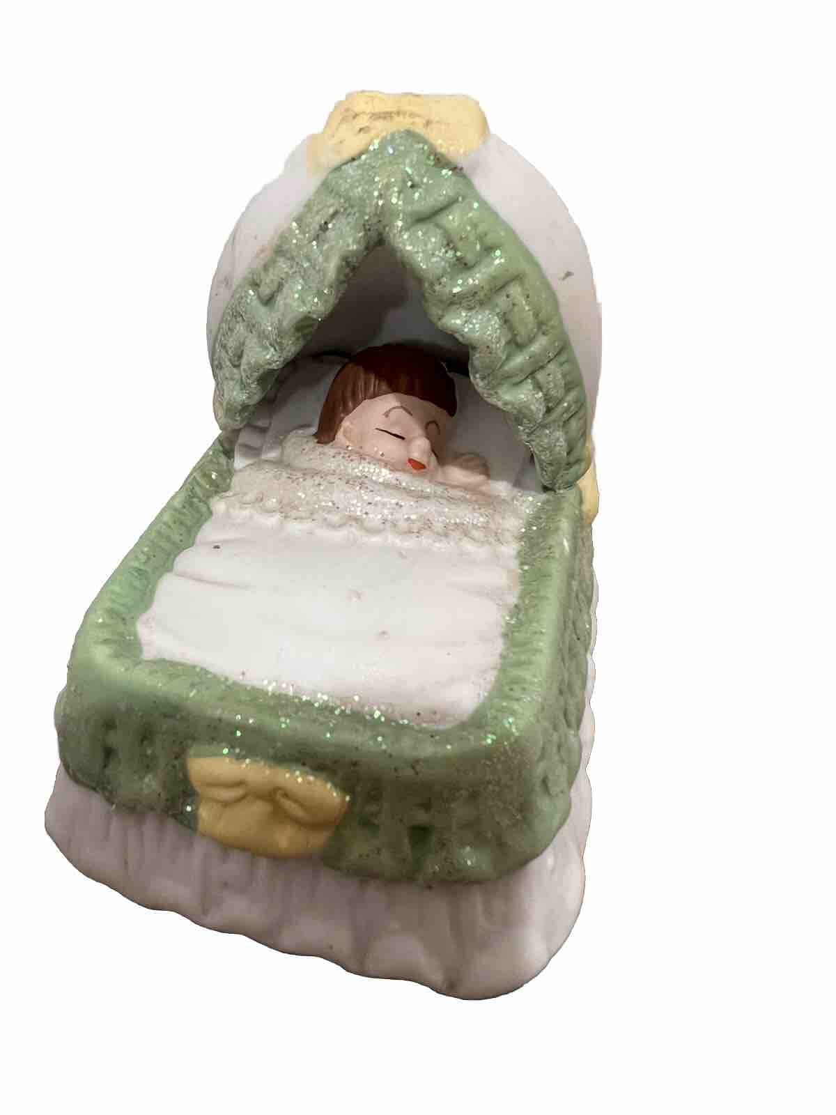 1960s Porcelain Baby Figurine In Cradle Unisex Green trimmed Darling Vintage