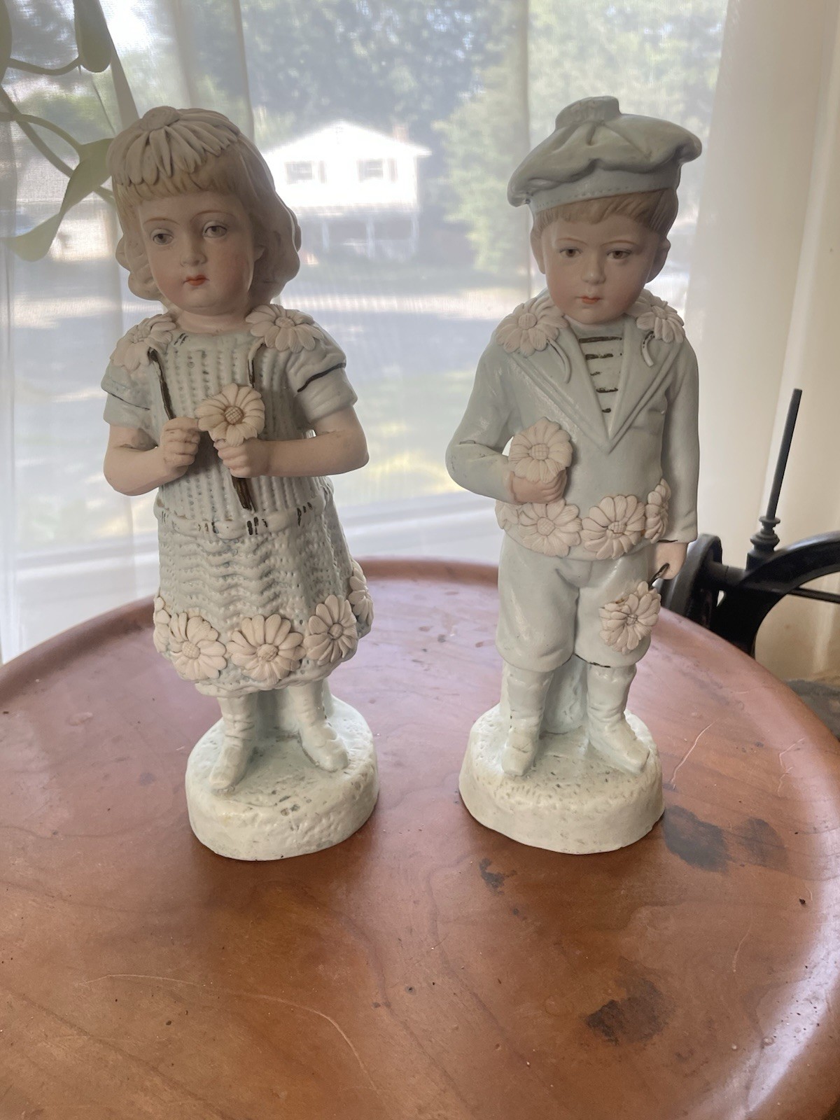 Bisque Boy And Girl In Blue Figurines Late 1900s