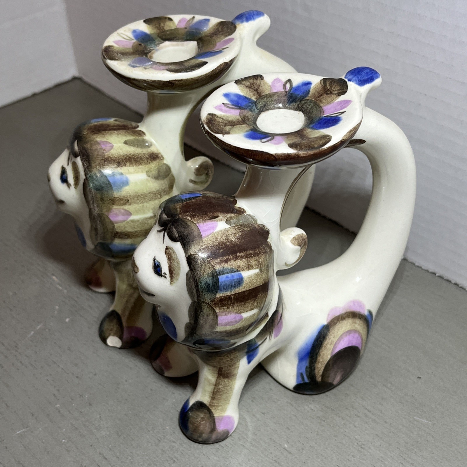 Soviet Era Polonne ZKhK Lion Figural Candlesticks Pair Hand Painted Ukraine Read