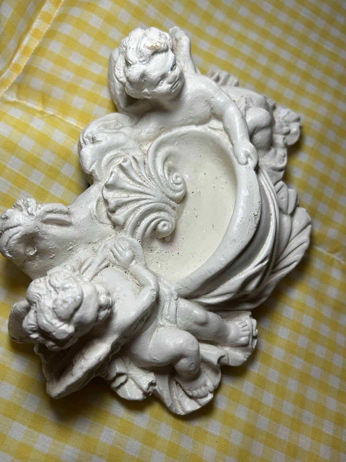 Wall Pocket Two Cherubs Hanging White Plaster Plaque Vintage Decor