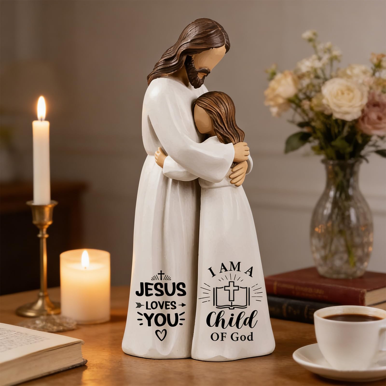 Jesus Embracing Woman Figurines – Christian Sculpture Hand-Painted Keepsake 5.9″