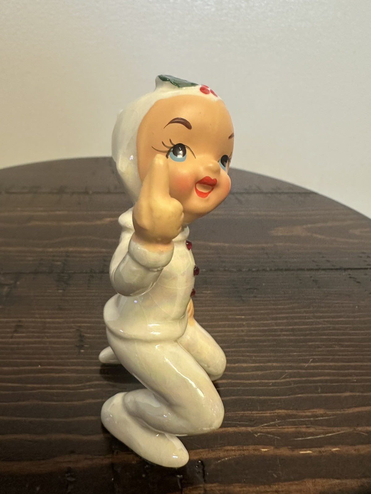 Vintage Kreiss Christmas Pixie Elf Pointing Rhinestones Pearlized Figurine