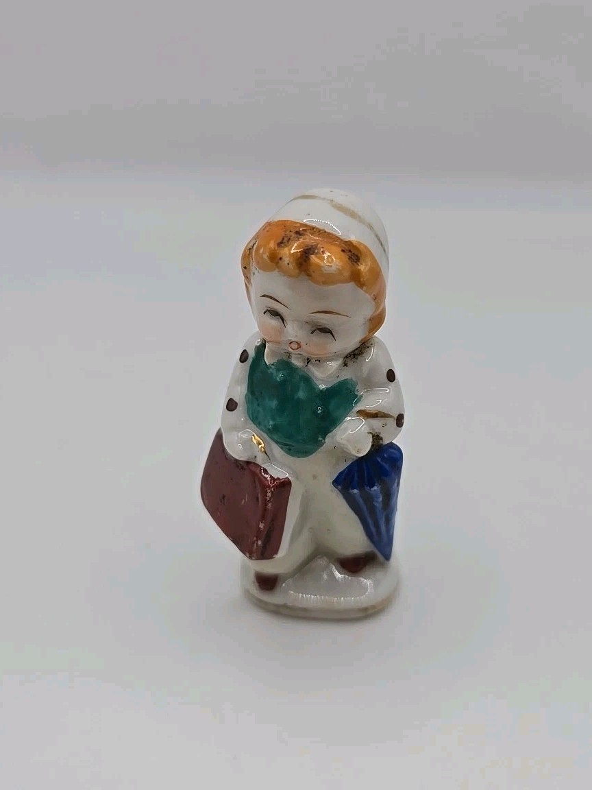 Original Vintage Occupied Japan Decorative Girl Bookbag Umbrella Figurine ~3.0″