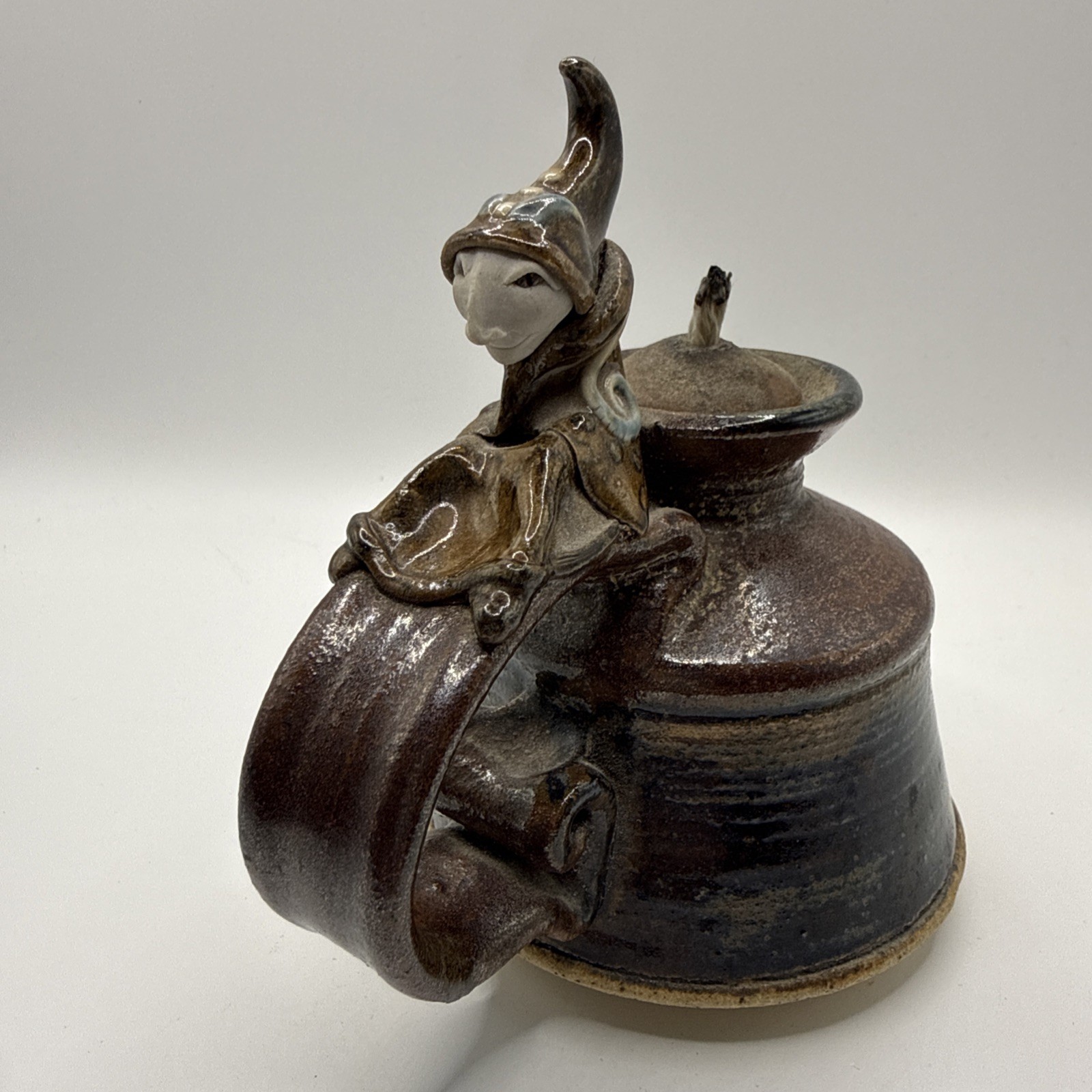 Handmade Studio Pottery Oil Lamp Stoneware Witch Fairy Signed 3.5” Base Vintage