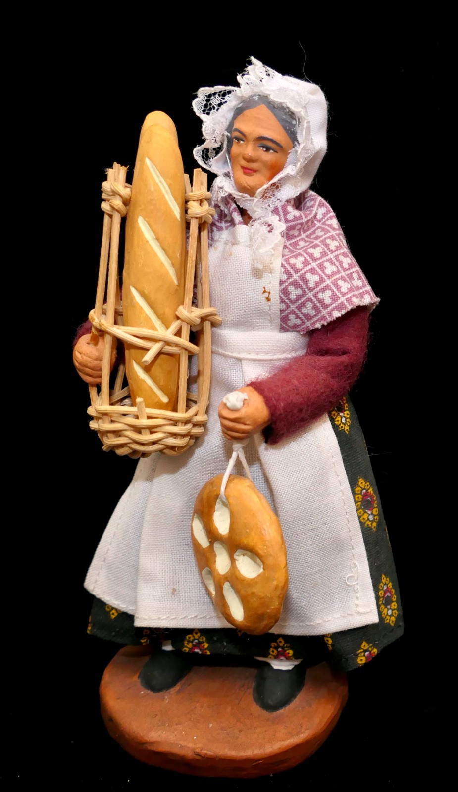 Vintage 1950s Santon France Signed Marius Chave H/Painted Woman w/Bread Figurine