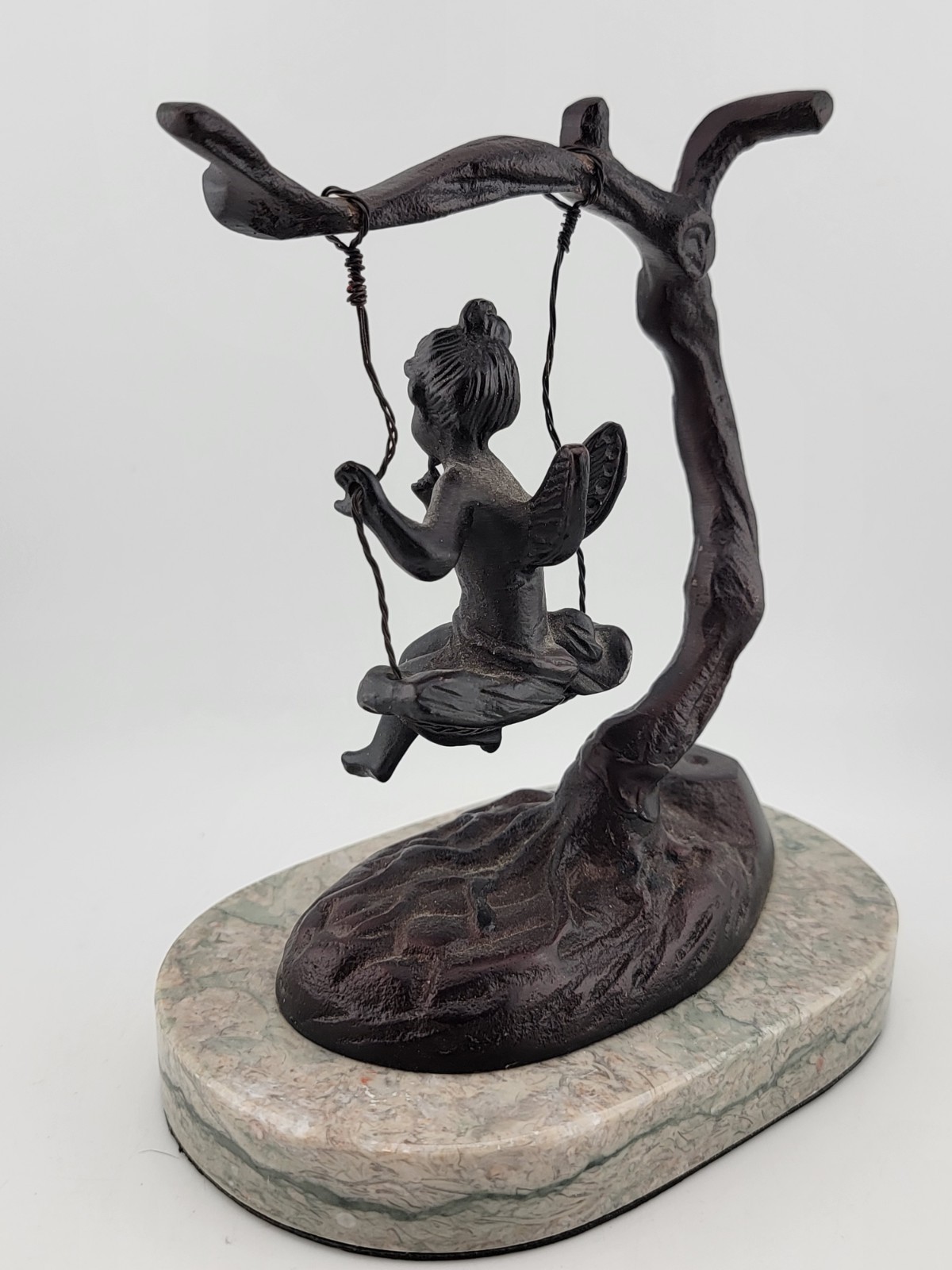 Antique Bronze Statue After Moreau Angel Swinging from Tree On A Marble Base.