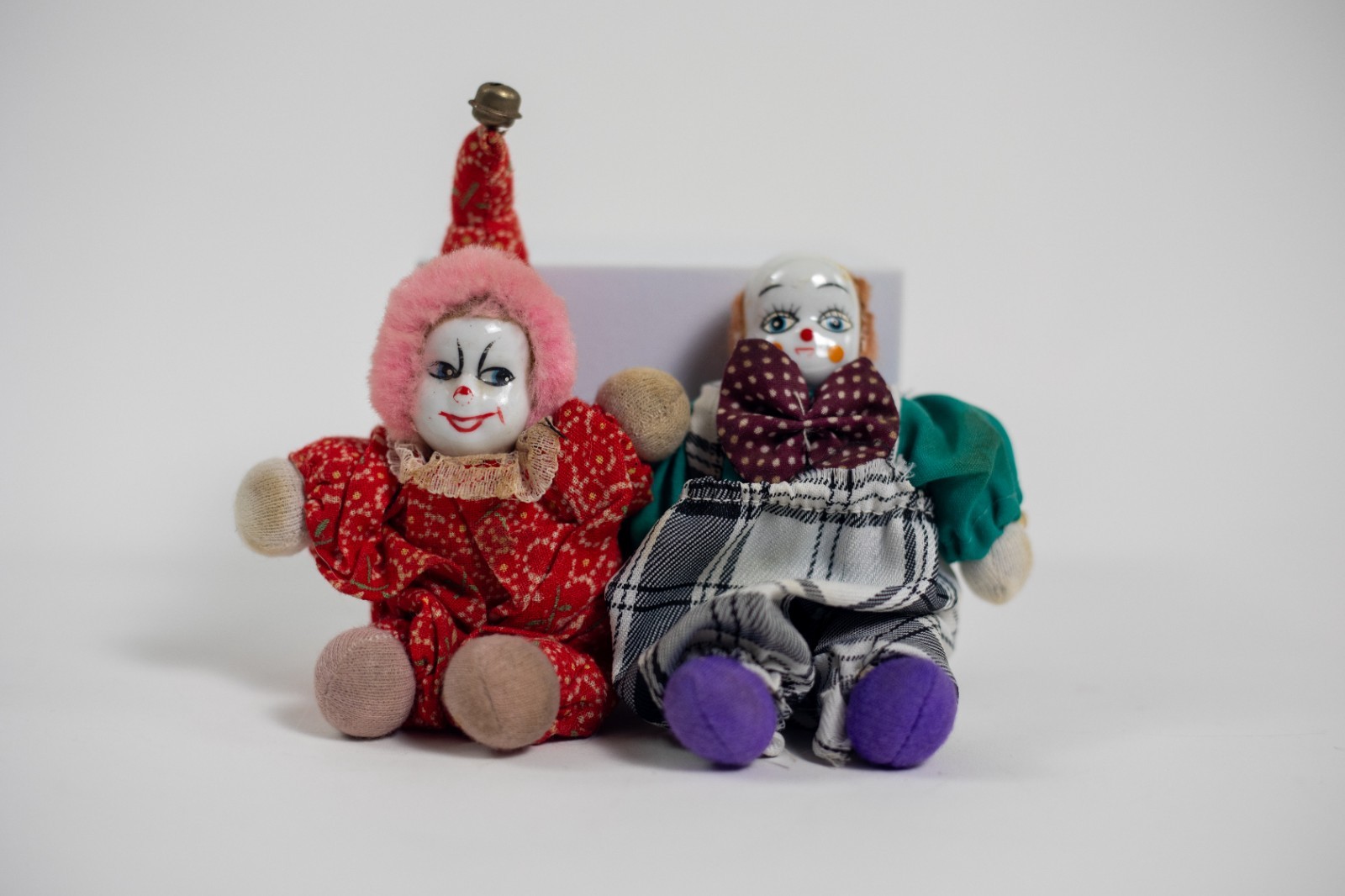 Vintage Porcelain Head Clown Dolls Set of 2 | Sand-Filled Fabric Bodies | 4.5”