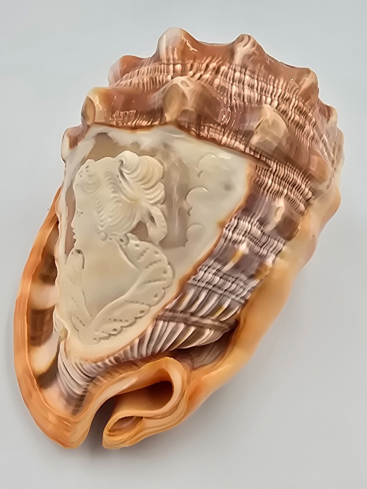 Large Hand Carved Seashell Cameo Figurine Victorian Lady Profile Decorative