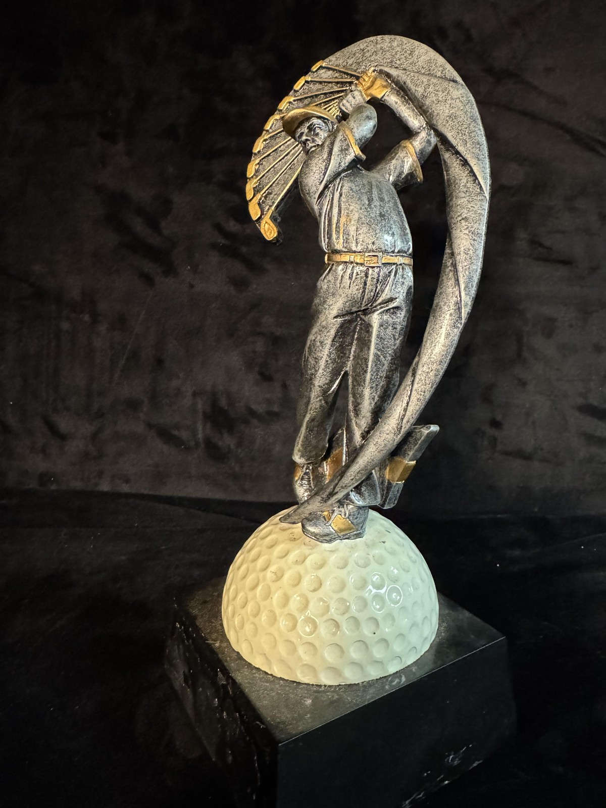 Silver Golf Golfer Figurine On Golf Ball Resin Trophy Style Medium Sports Decor
