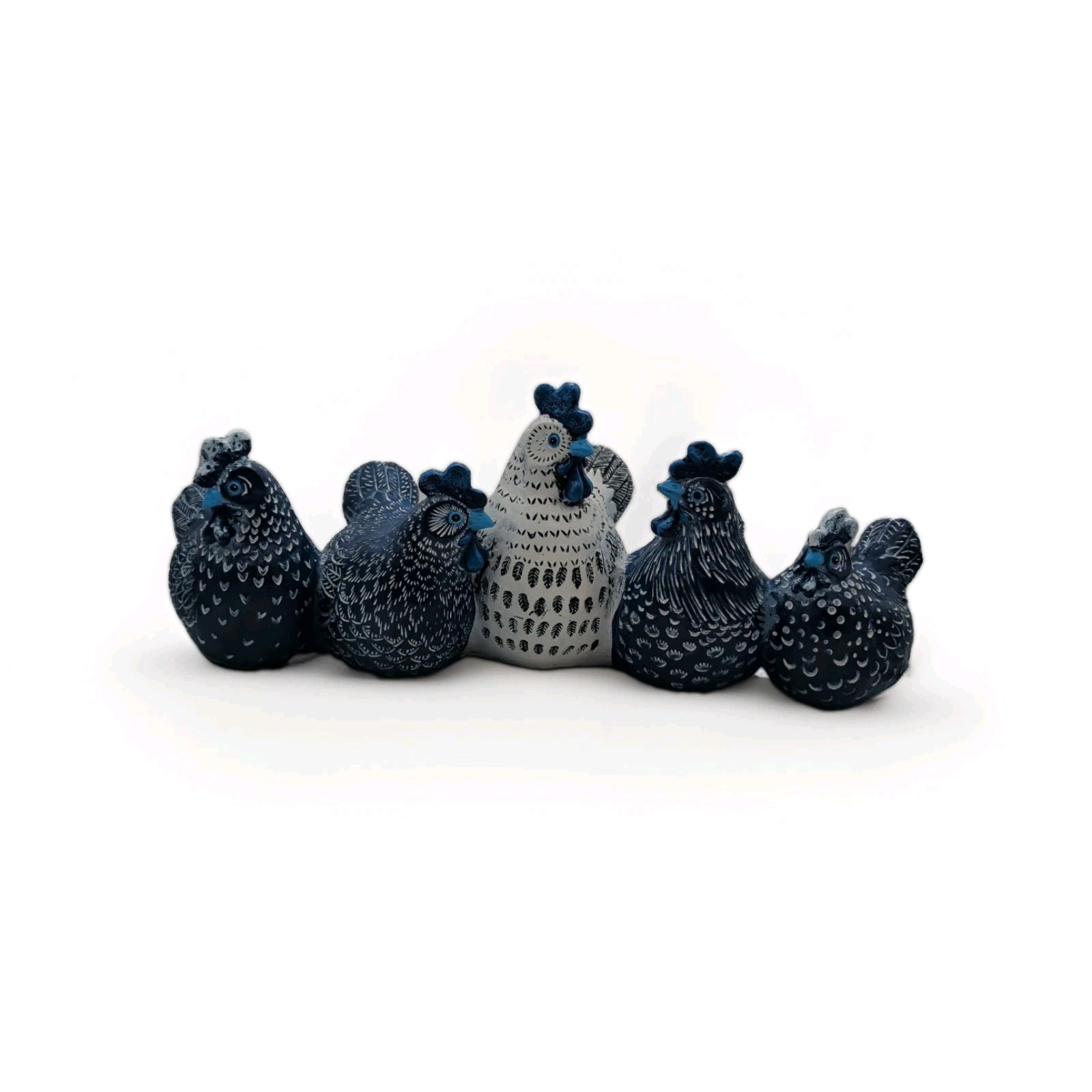 Set Of 6 Chickens Hens Roosters Blue And White Resin Farmhouse Cottage Style 15″