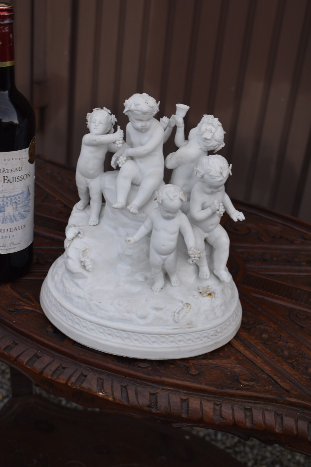 Antique Sevres marked bisque porcelain 19thc french bacchus putti grapes statue