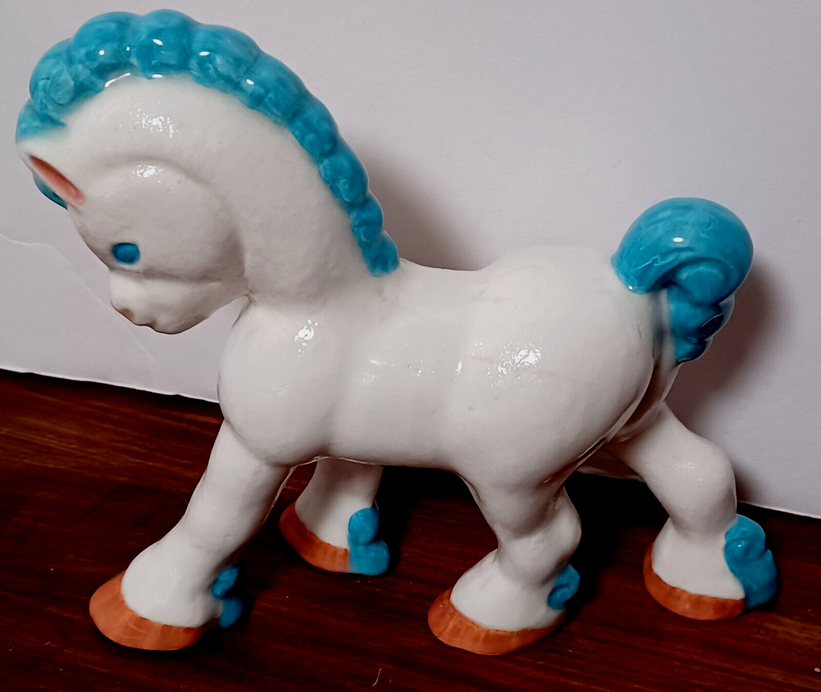 Vintage Ceramic Horse Clydesdale Figure White Blue Room Decor