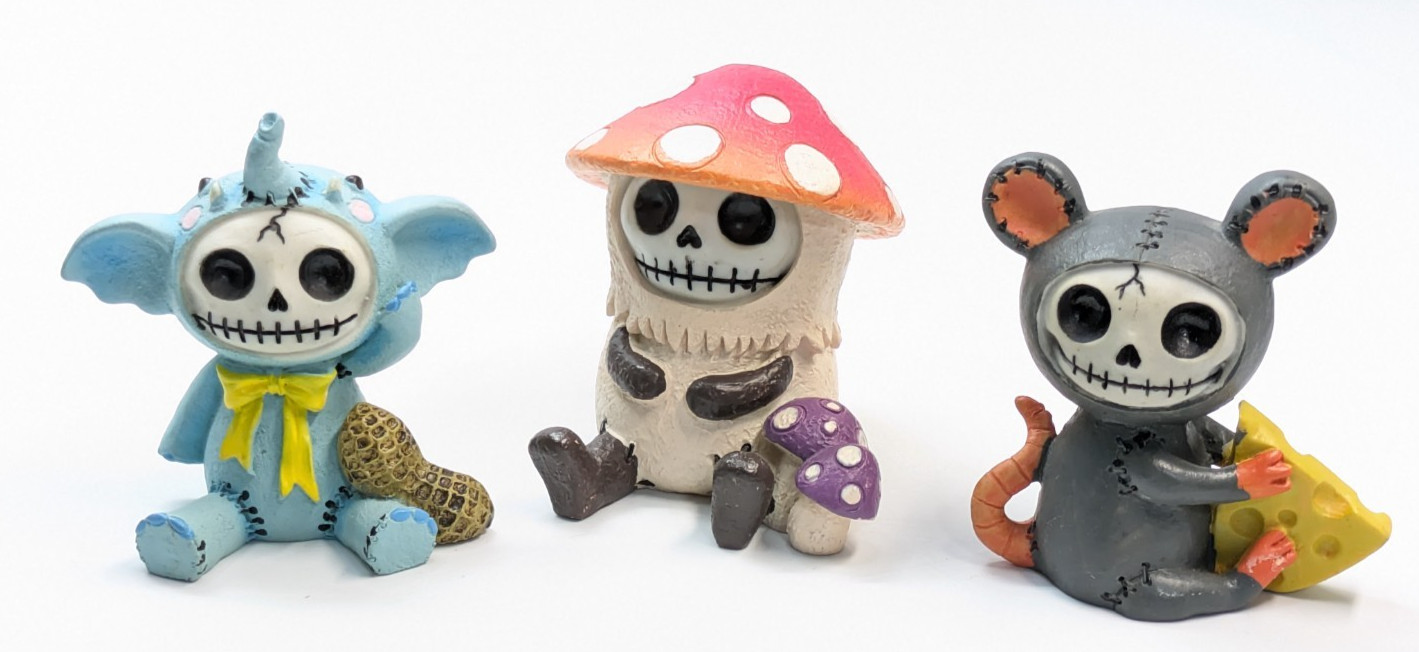 Furry Bones Lot of 3 Skeleton Mushroom, Elephant & Mouse Skull Resin Figures