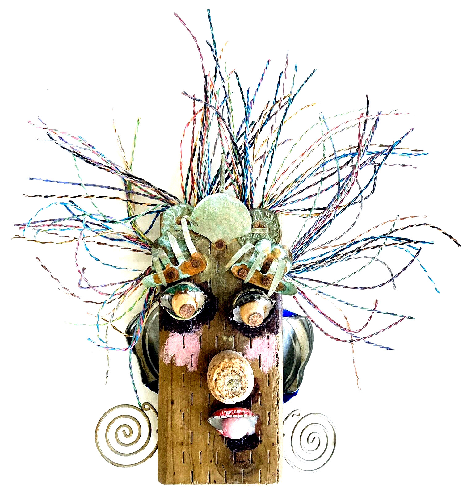 Edddy Sculpture 13″ Reclaimed Wood Make-Up Face Folk Outsider Art Drag Jewelry