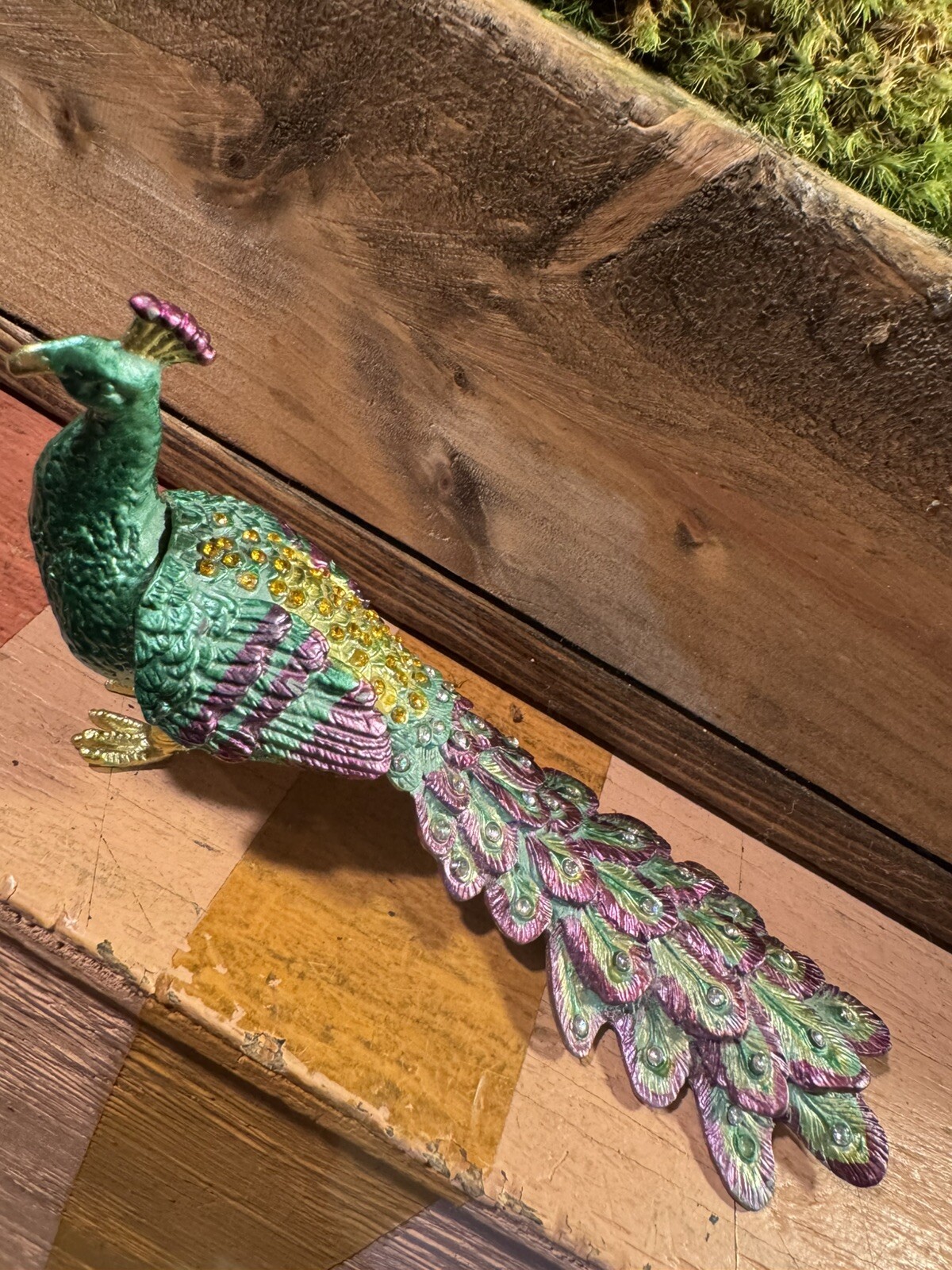 Vintage Peacock Metal Trinket Box with Metal Hidden Compartment Jewelry