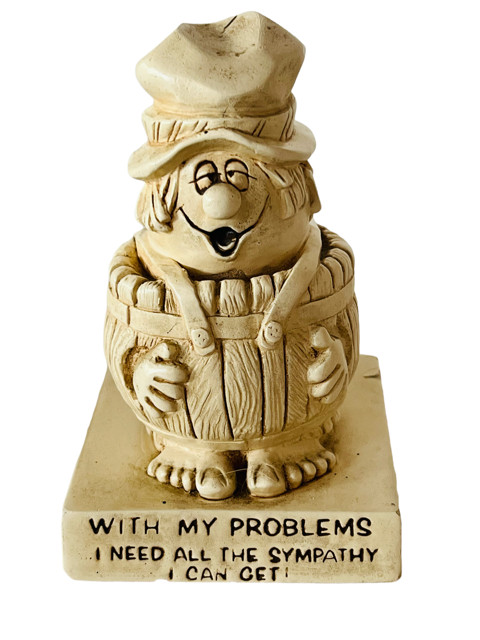 Paula 1965 figurine resin stone humor novelty Problems Sympathy Barrel Man vtg