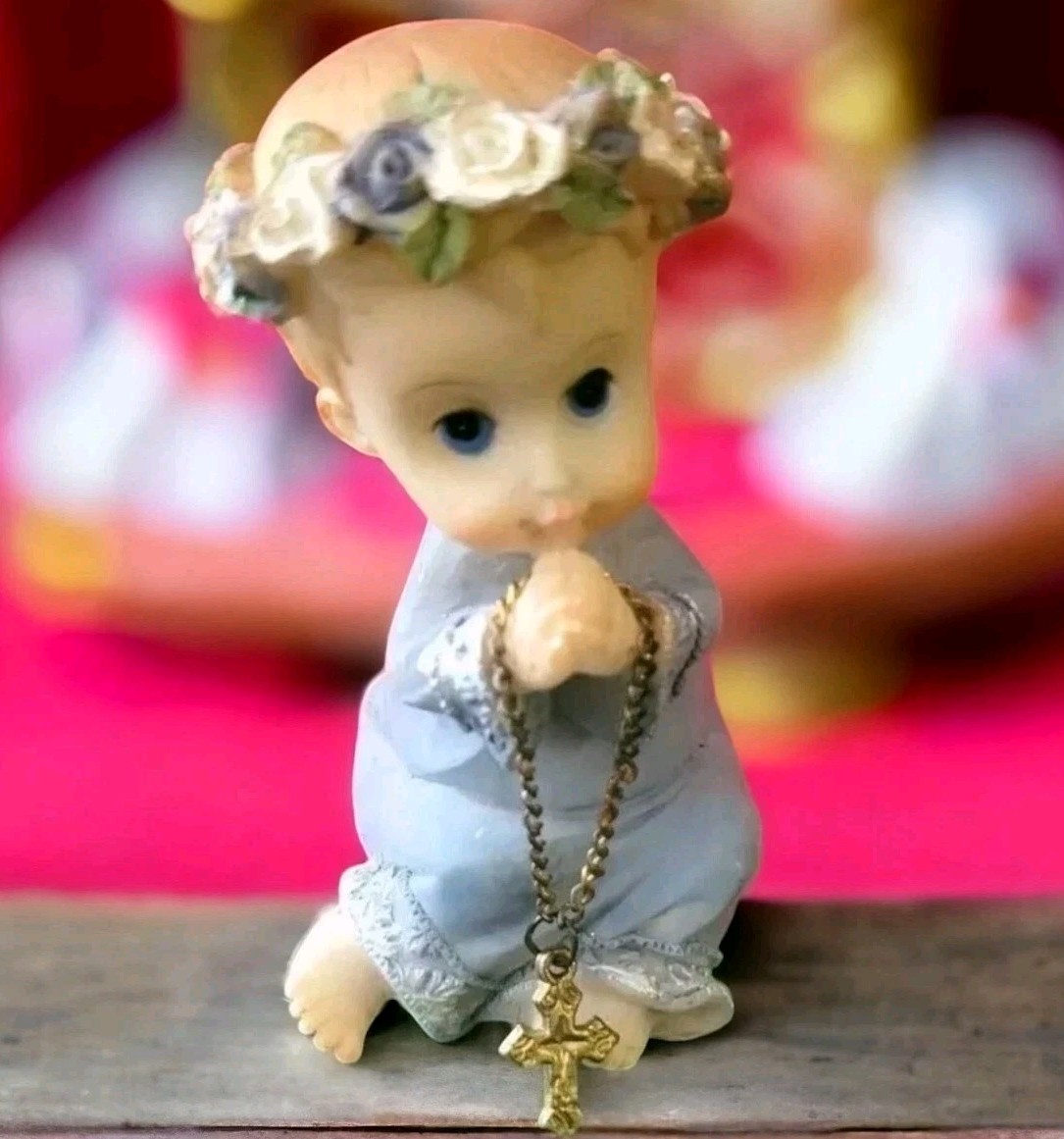 Praying Child Flower Head Band Holding Cross with Chain Jewelry Figurine Vintage