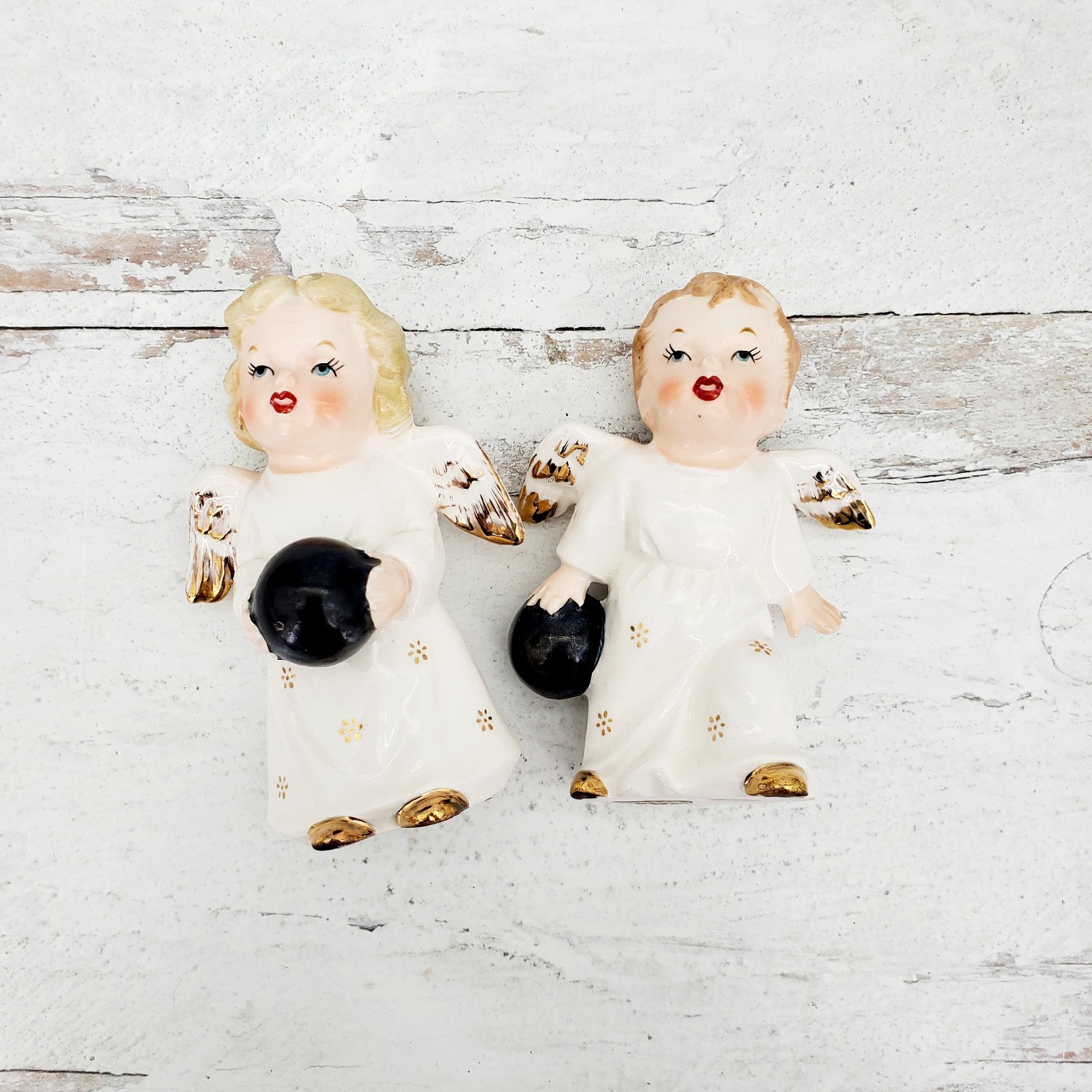 Vintage Japan Ceramic Bowling Angel Pair Ceramic Figurines | Gold Accents