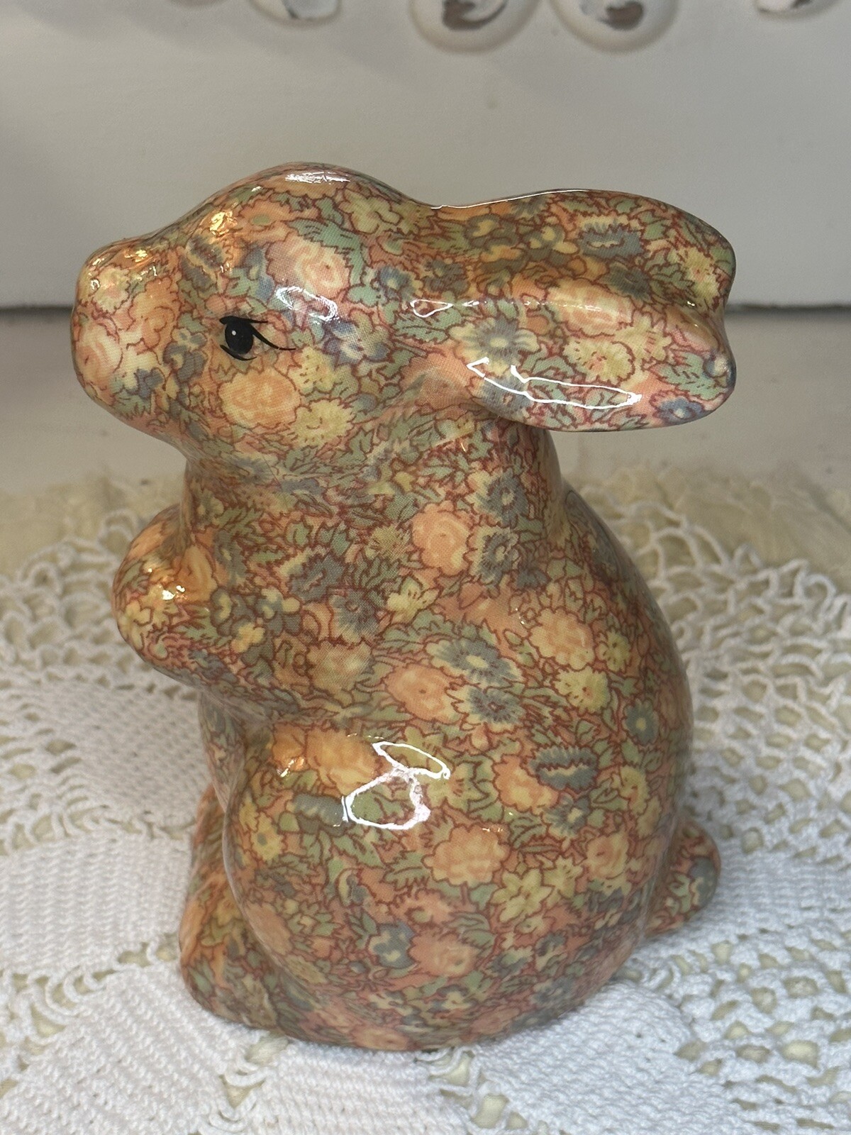 Vintage Decoupage Glazed Floral Bunny Rabbit Figurine