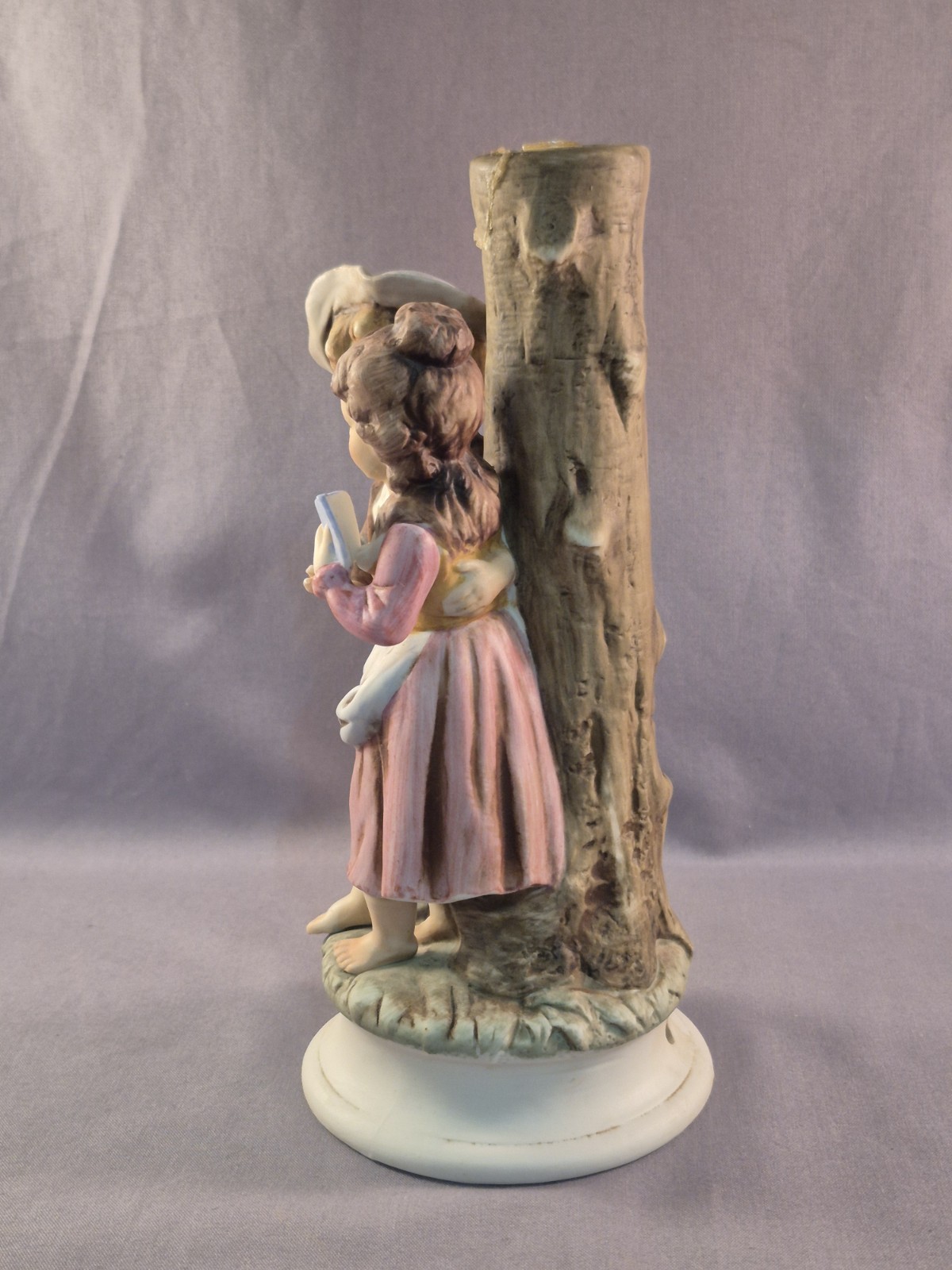 Lefton Figurine Child Girl Boy Reading Standing Tree Light Holder Green Brown