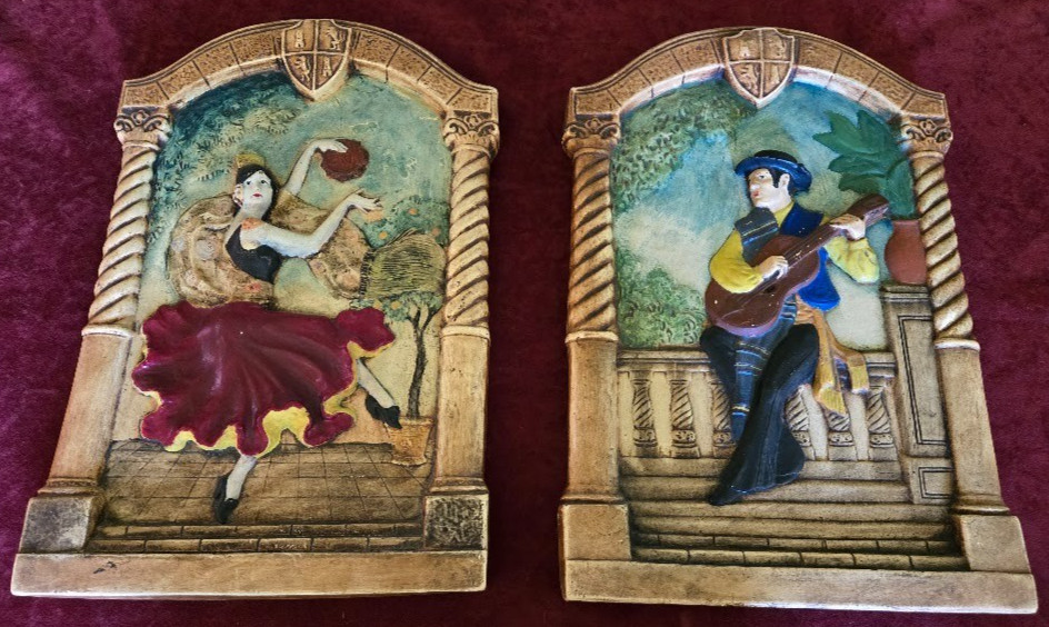 Spanish Dancer & Musician~Vtg Set of two 18″X12″ Chalkware Plaster Wall Plaques