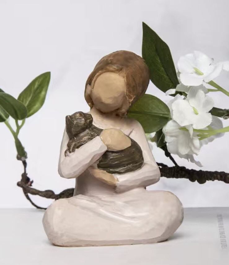 Young Girl & Her Cat Figure Statue Woman – Memorial Kitten Woman Rescue Kitty