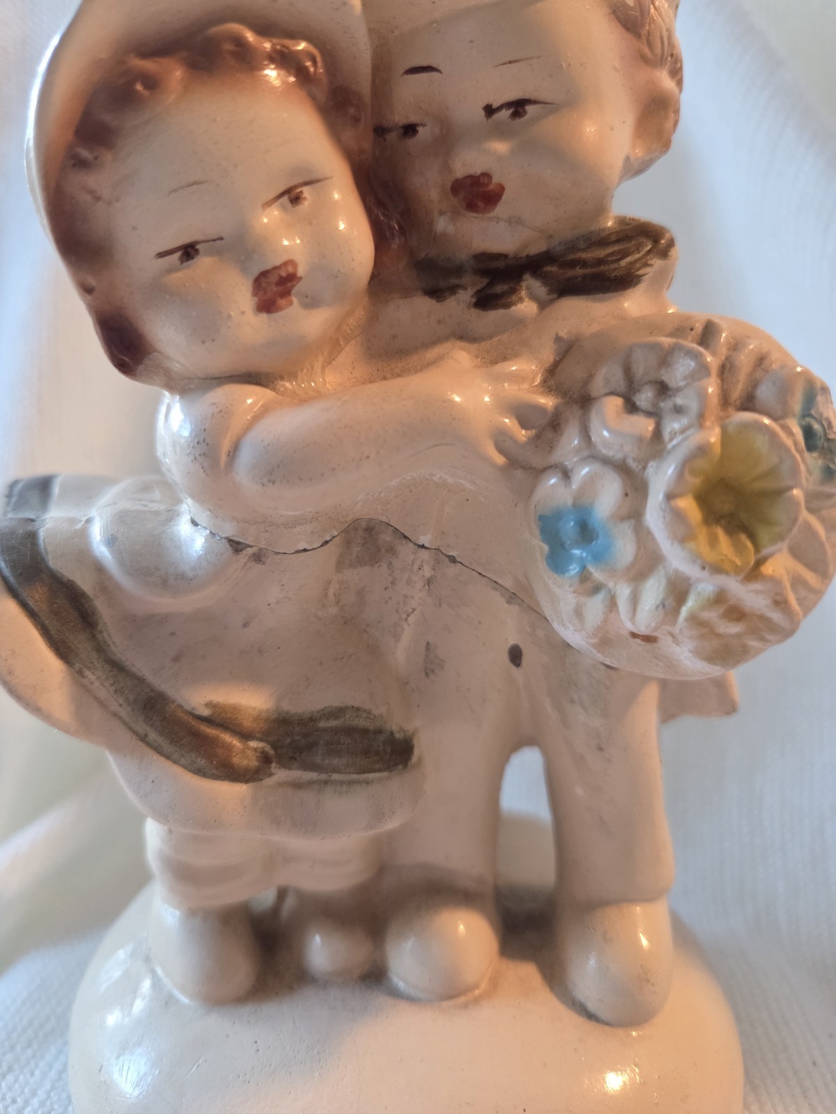 Ceramic Hand Painted Bride Groom Figurine, Matte Finish, Beige/Brown/Blue/Yellow