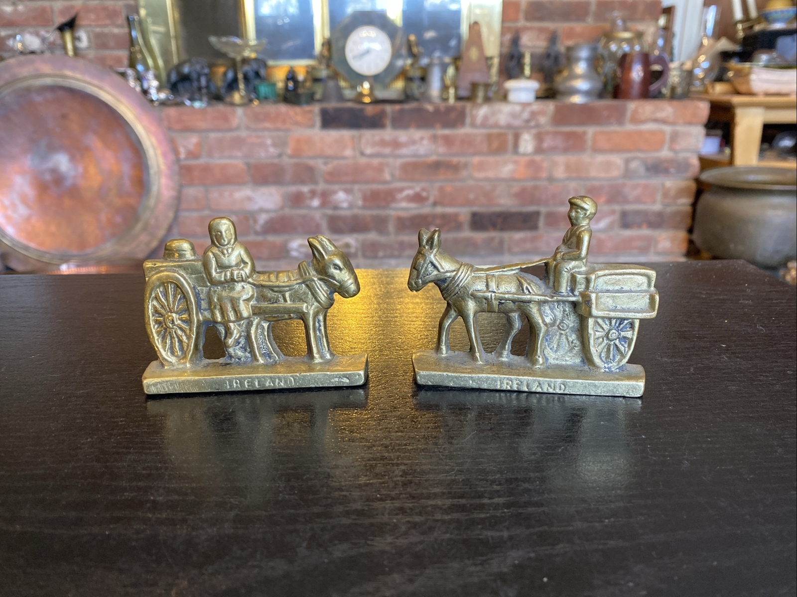 2 Vintage Miniature Brass Doorstop Figures Milk Maid & Man Donkey Carts, Ireland