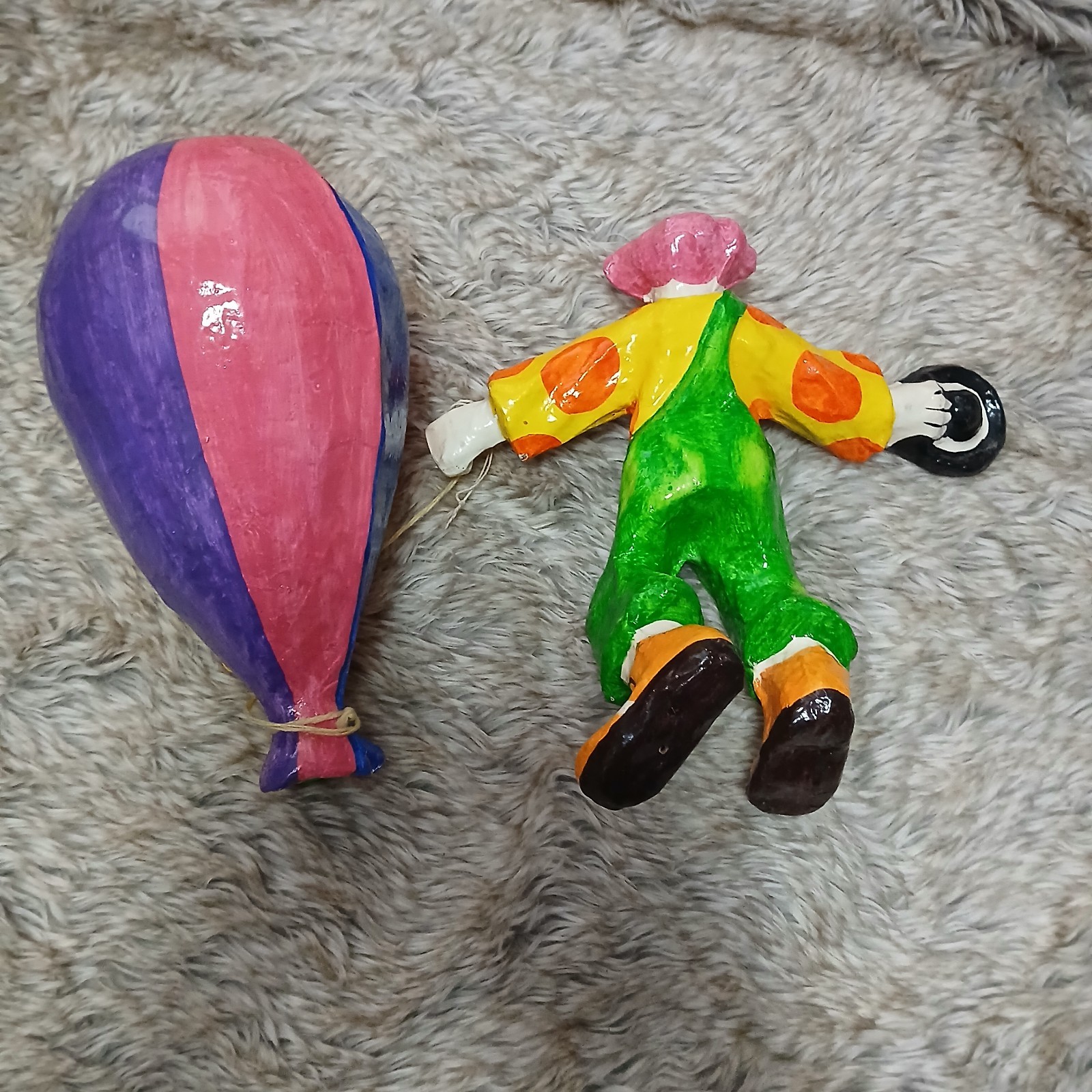 Handmade Colorful Paper Mache Clown Figurine with Balloon Vintage Circus Decor
