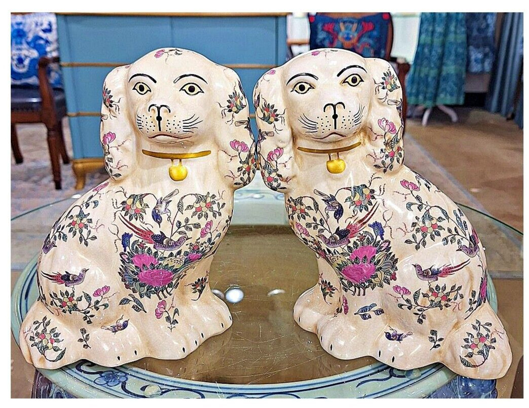 Pair: Rose Medallion Hand Painted Porcelain Reproduction Staffordshire Dogs-9”H