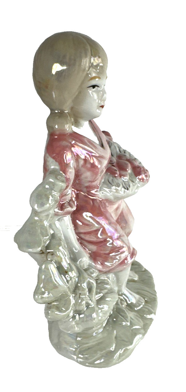 Ceramic Iridescent Lady Figurine Holding Basket of Fruit & Vegetable 6″ x 4″