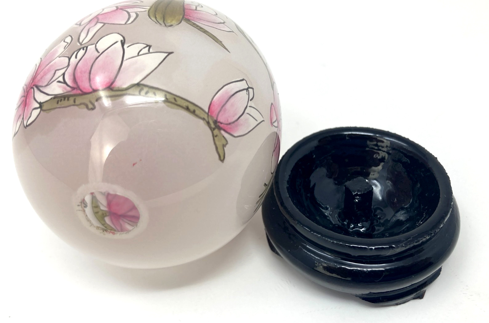 Vintage Li Bien Reverse Hand Painted Glass Egg Cardinals Flowers w/ Stand 1990s
