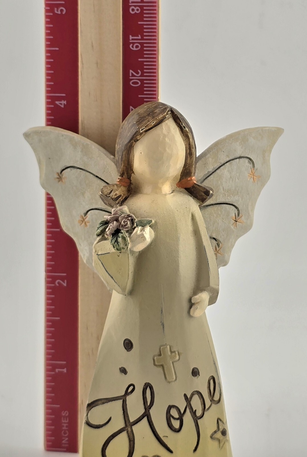“HOPE” Angle Figurine w/ Roses Tan Dress Brunette In Pigtails Rustin Resin 3.75″