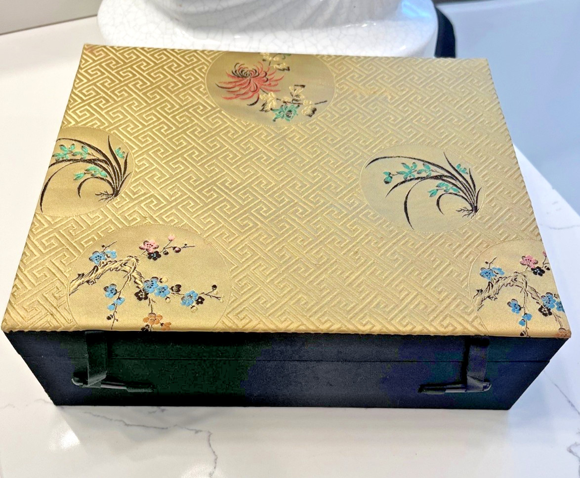 Import Japan Vintage Jewelry Box Silk Flower Gold and Black Hong Kong