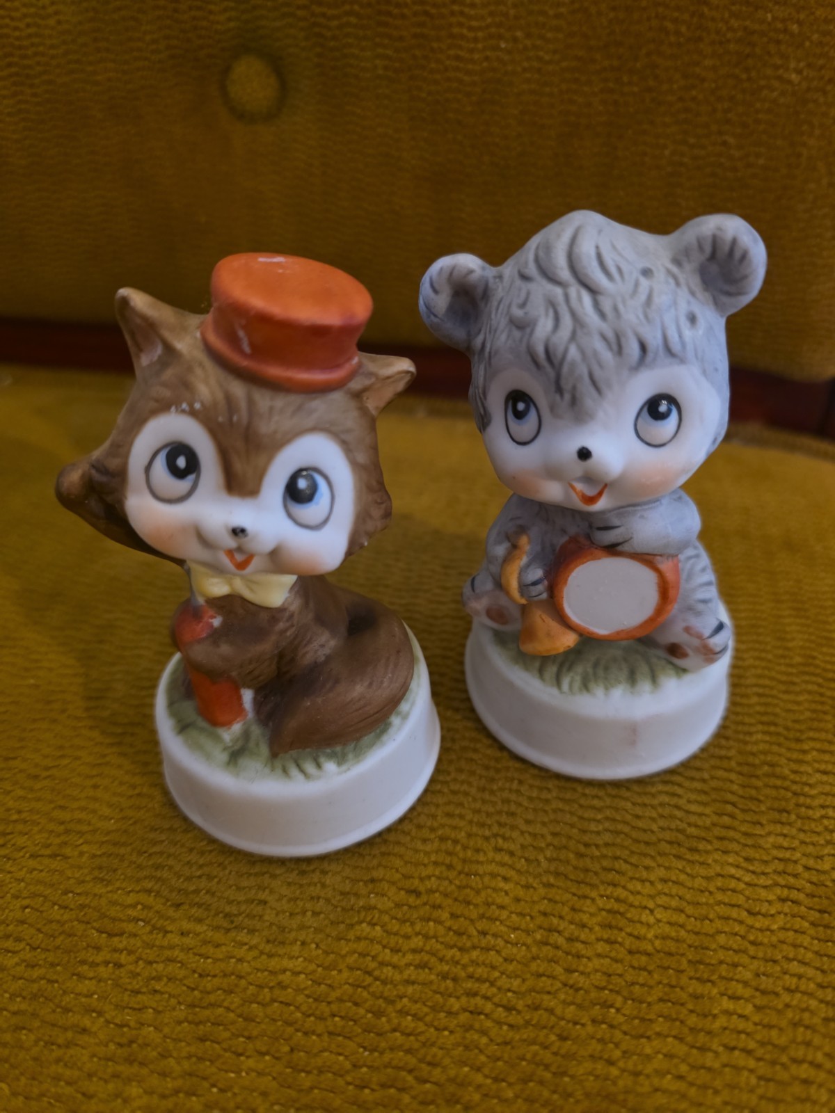 Flambro Bisque Like Squirrel w/ Red Hat & Bow Fine Porcelain & Drummer Bear 3″