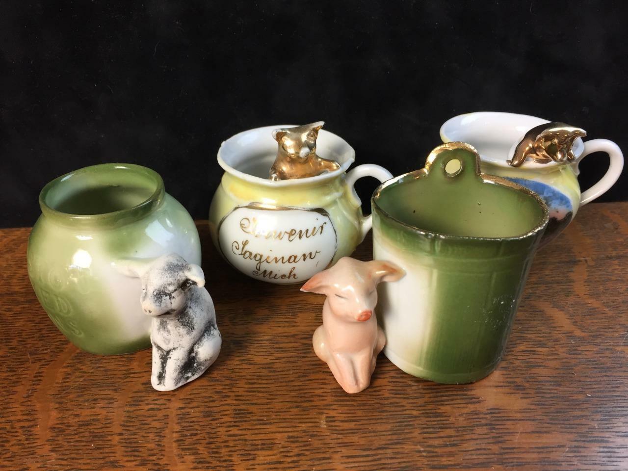 Lot of 4 Antique German Fairing China Porcelain Figurines Pigs Michigan Souvenir