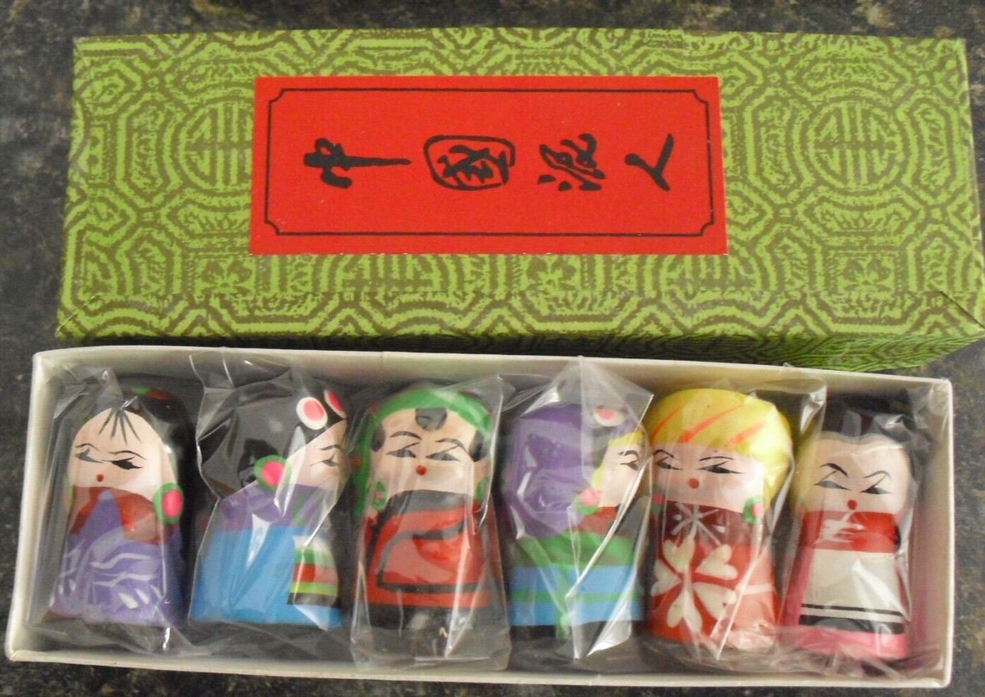 Lot of 6 Vintage Hand Painted Clay Asian Girl Figurines NIB 1 1/2″ Tall