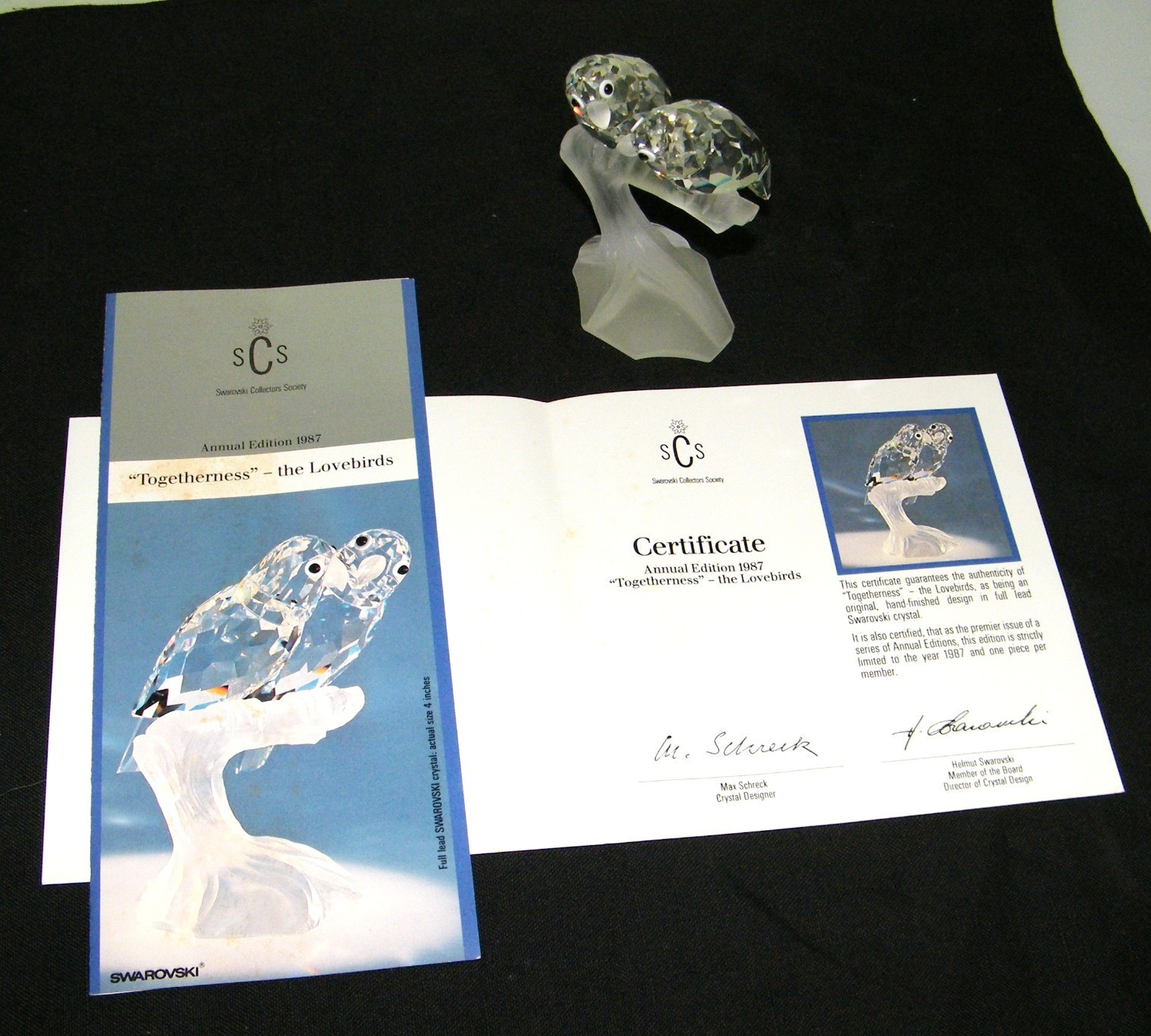 1987 Swarovski “TOGETHERNESS” 2 Lovebirds 1ST Edition SCS Crystal Figurine