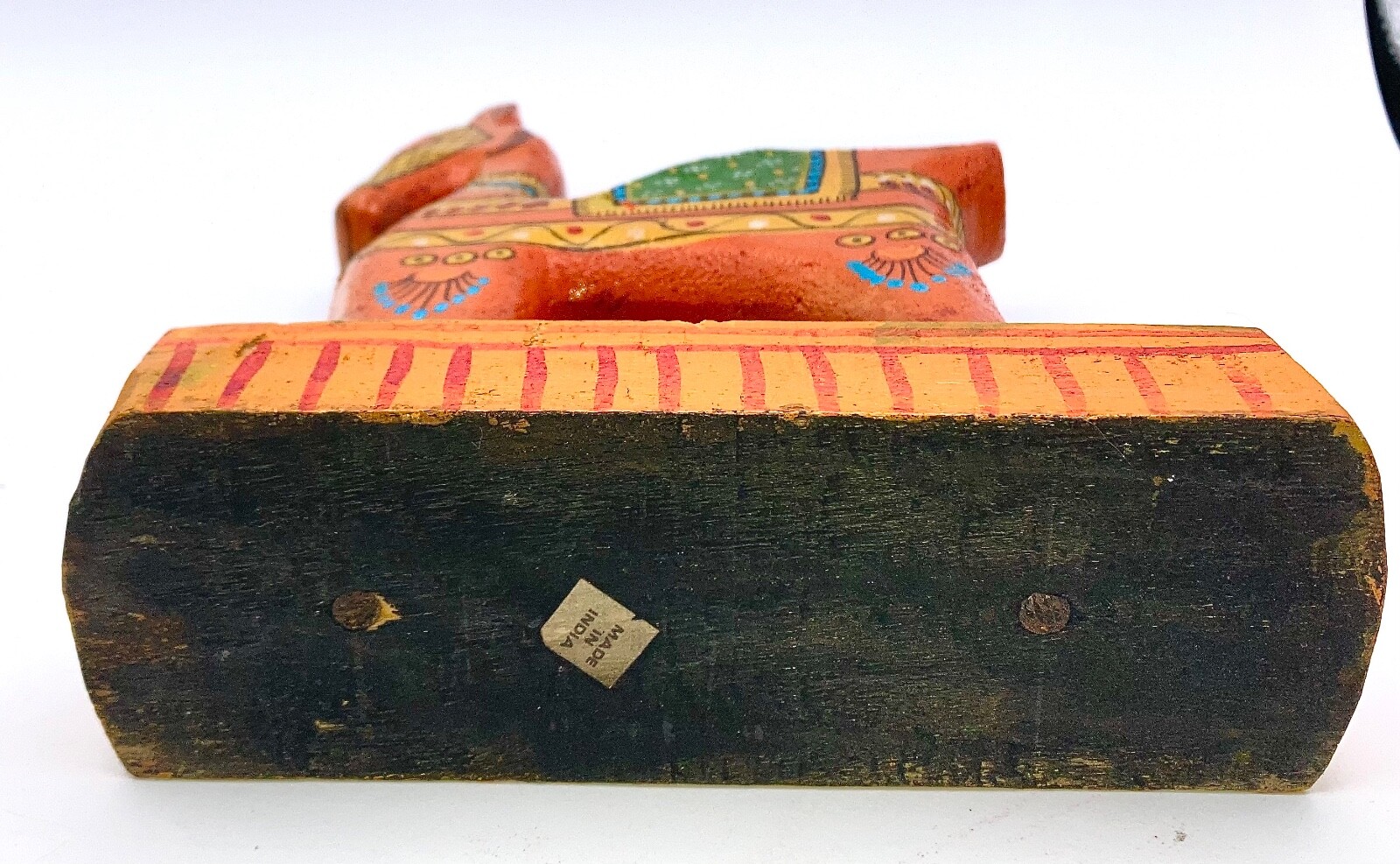 Folk Art Camel Hand Carved and Painted Orange Made in India 10 1/2″ T x 9″ L