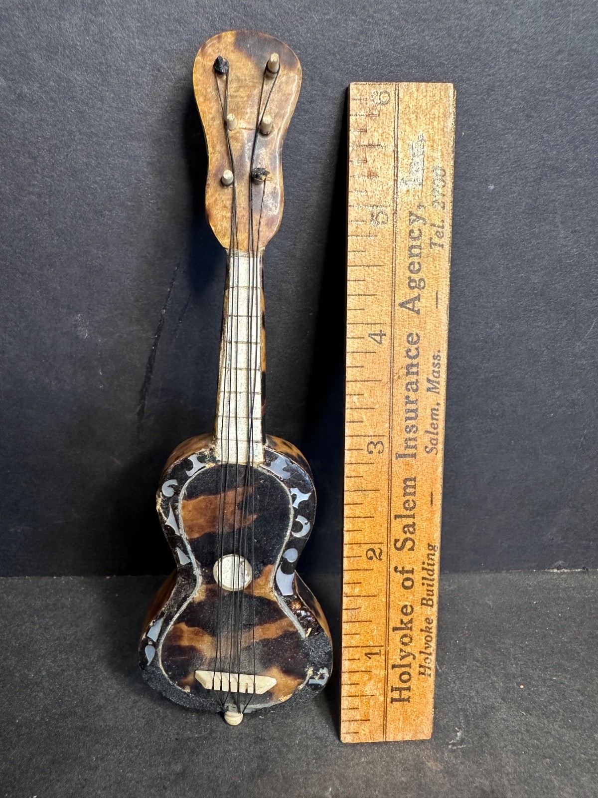 Antique “Faux” Tortoise Shell Mother Of Pearl Inlay Miniature Guitar, MOP