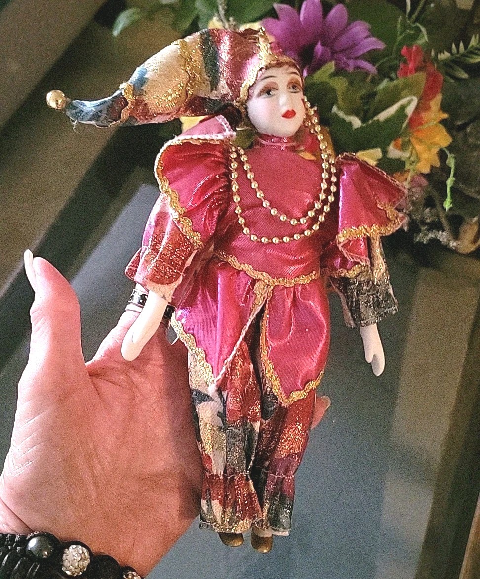 Porcelain Jester Harlequin Doll Burgundy Gold metallic Mardi Gras Clown Vintage