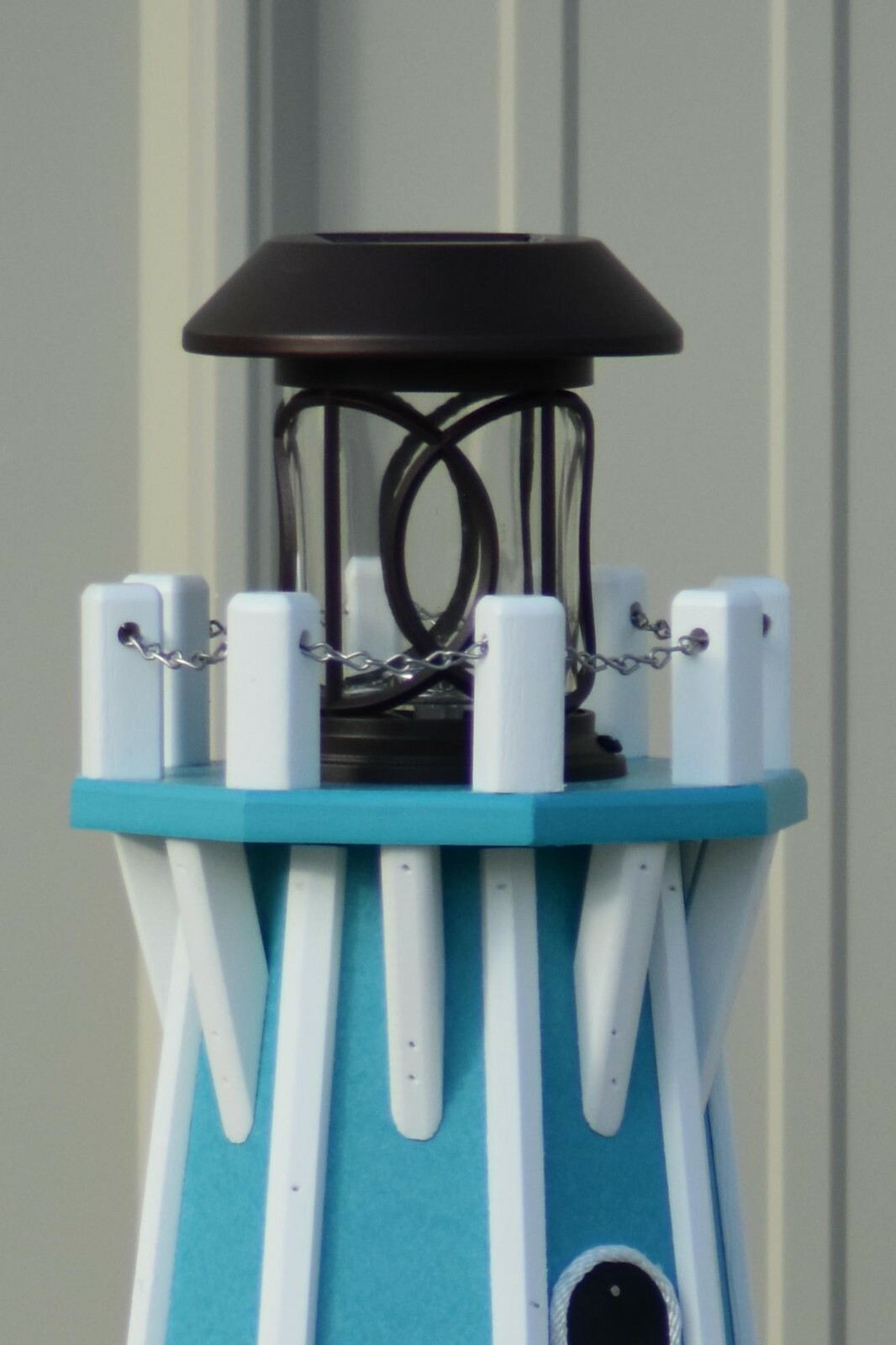 32″ Octagon, Solar Powered Poly Decorative Lighthouse, Aruba Blue/white trim