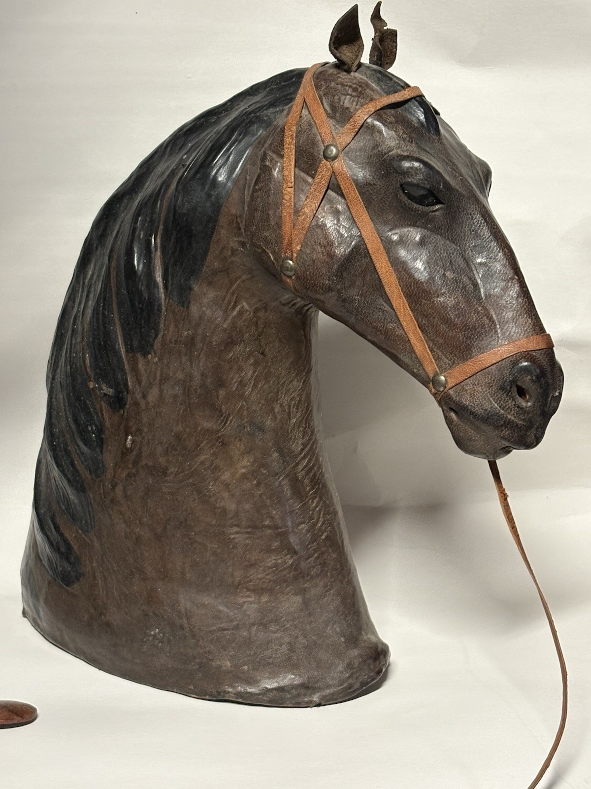 Leather Horse Head Bust Sculpture w/ Bridle, Painted 3D Effect, Brown/Black