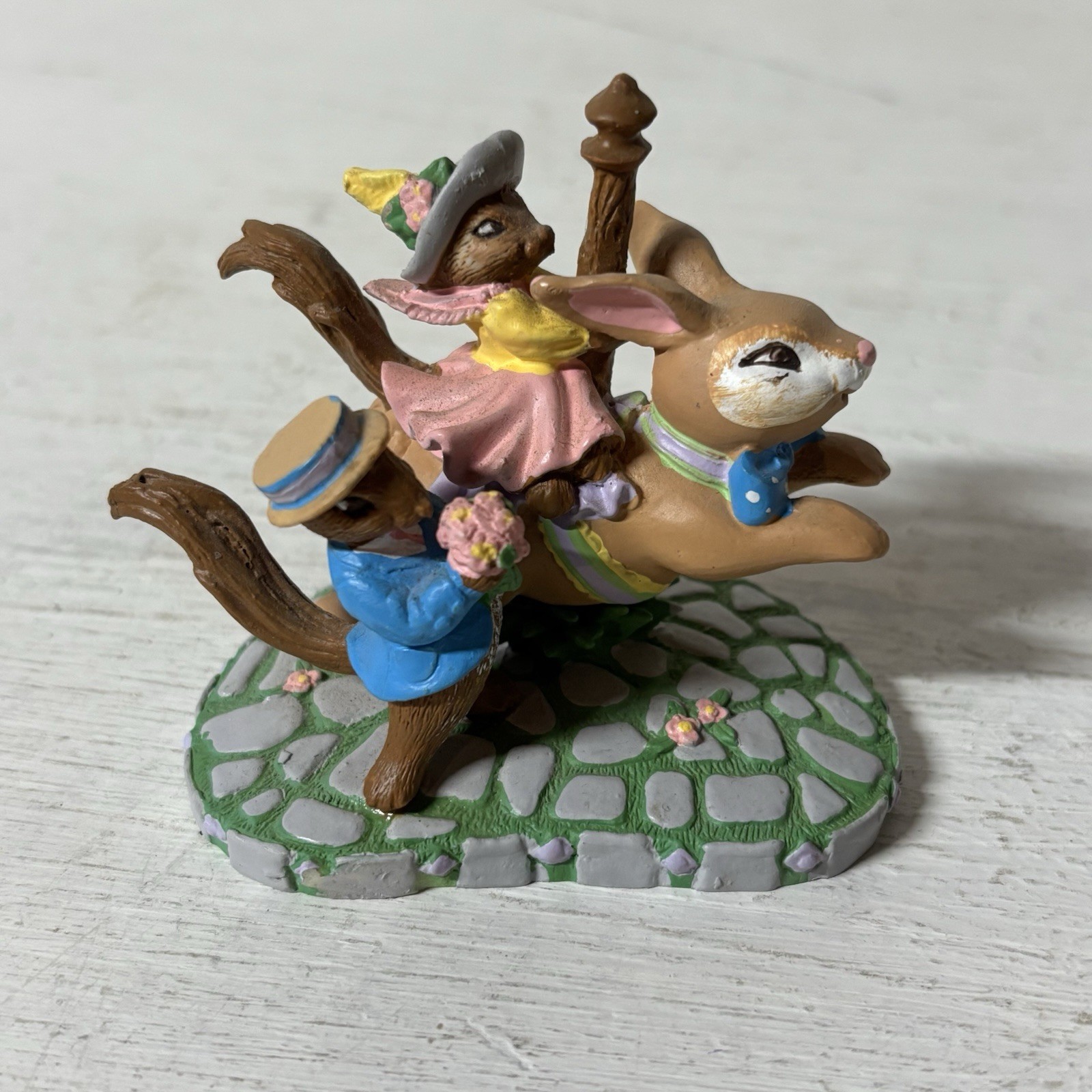 CAROUSEL SQUIRRELS on RABBIT BY KATHY JEFFERS 1993 AVON FIGURINE