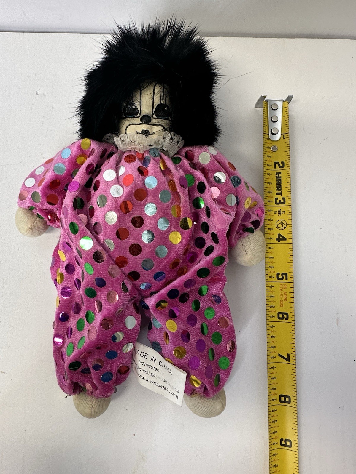 Q-Tee Vintage Clown Shelf Sitter Hand Painted Hand Made Black Hair Polka Dots