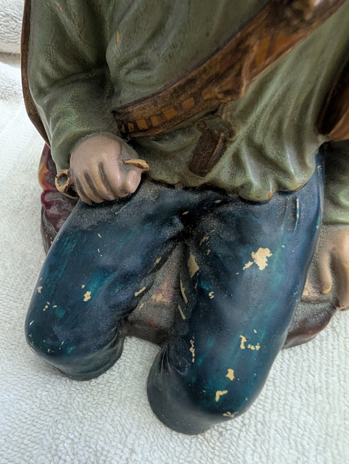 Hand Painted Tobacco jar, Large Multicolor Man Sitting on stump, 10.5 in Tall